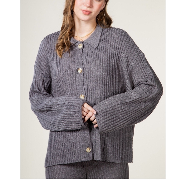 VERY J Charcoal Gray Chic 2-Piece Ribbed Top And Pants Set - Picture 2 of 5